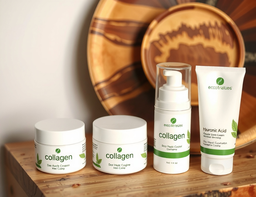 Natural anti-aging skincare products display with collagen and hyaluronic acid creams in eco-friendly packaging